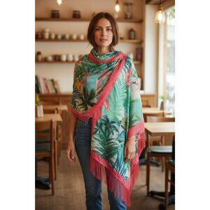 NEW Charming Charlie Floral Print Fringe Scarf Wrap Shawl Pink Green 51 x 55